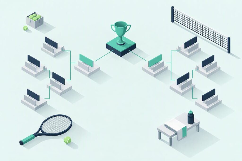 Illustrazione isometrica di un tabellone da tennis